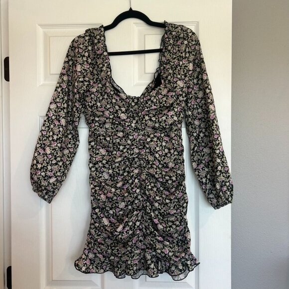 Floral Pattern Ruched Mini Ruffle Dress Size Medium - Picture 3 of 4